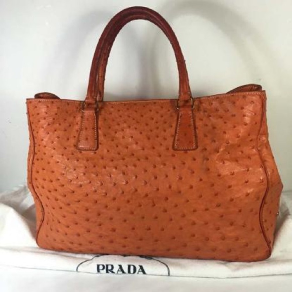 Prada Orange Ostrich Leather Satchel Tote Bag - Picture 2 of 8